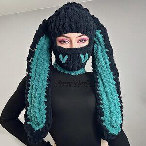 Women's Black Dark Green Bunny Hat Knit Plush Long Ears Fluffy Cosplay Party Hat